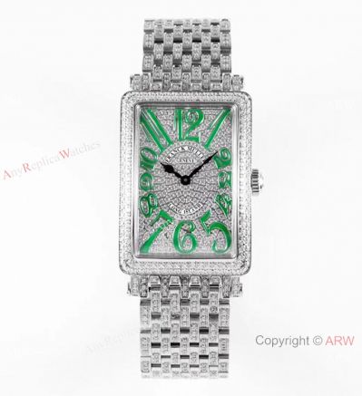 Iced Out Franck Muller Long Island Green Markers Watch Swiss Quartz Movement